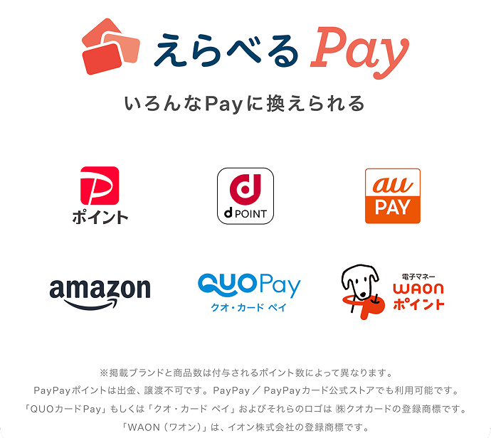 えらべるPay いろんなPayに換えられる Pポイント、dPOINT、au PAY、amazon、QUOカードPay、WAONポイント