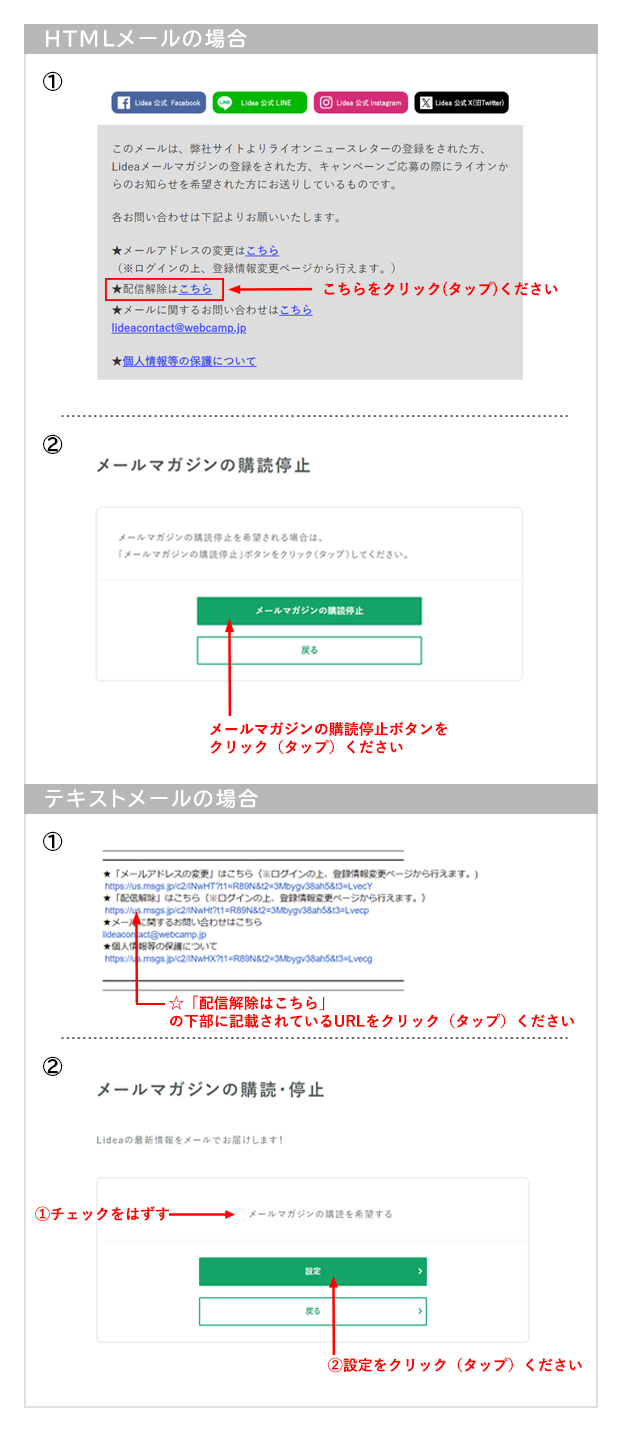 HTMLメールの場合1.メール下部の「配信解除はこちら」の「こちら」をクリック（タップ）ください2.遷移した「メールマガジンの購読停止」ページで「メールマガジンの購読停止」ボタンをクリック（タップ）ください　テキストメールの場合1.メール下部の「配信解除はこちら」の下部に記載されているURLをクリック（タップ）ください2.遷移した「メールマガジンの購読・停止」ページで「メールマガジンの購読を希望する」のチェックを外し、「設定」ボタンをクリック（タップ）ください